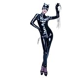 Mujer Cuero Catsuit Manga Larga Apariencia de látex Mono Catwoman Disfraz Fiesta Traje Ajustado Negro (Black,M)