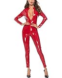 DULEE Mujeres de Cuero Traje Ajustado Clubwear Fuax Bodis Teddy Lingerie Nightclub Jumpsuits Catsuit,Rojo XL